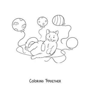 Coloring page of a kawaii cat with four balloons