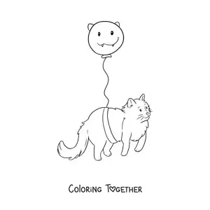 Coloring page of a kawaii cat tied to a balloon
