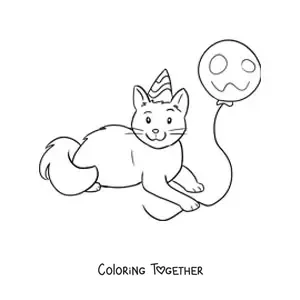 Coloring page of a kawaii cat with a party balloon