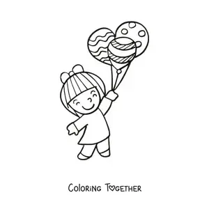 Coloring page of a girl holding three balloons