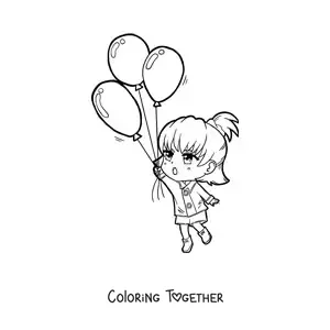 Coloring page of a kawaii girl flying with three balloons