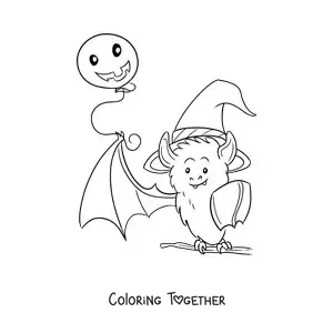 Coloring page of a kawaii bat with a Halloween balloon
