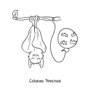 Coloring page of a kawaii bat sleeping next to a Halloween balloon