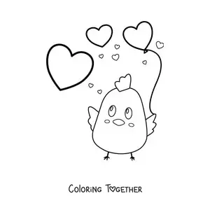 Coloring page of a kawaii chick with heart balloons