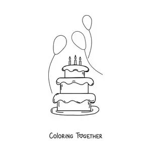 Coloring page of a birthday cake with three balloons