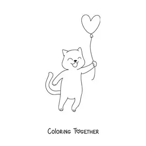 Coloring page of an animated cat with a heart balloon