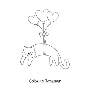 Coloring page of an animated cat tied to three heart balloons