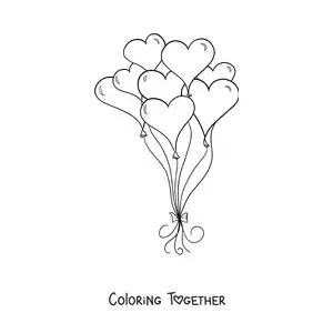Coloring page of several heart-shaped balloons