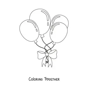 Coloring page of four balloons held together with a ribbon