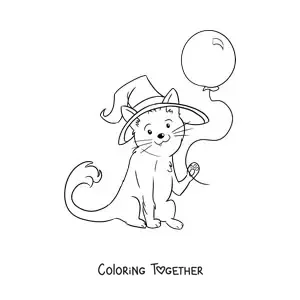 Coloring page of a kawaii cat in costume with a Halloween balloon