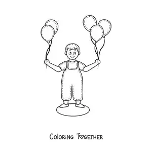 Coloring page of a boy with balloons in his hands