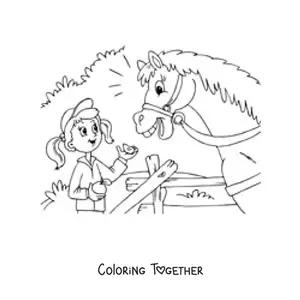 Coloring page of a girl feeding a horse an apple