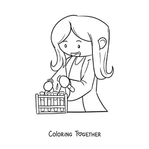 Coloring page of a kawaii animated female scientist