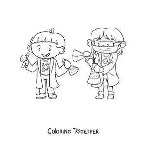 Coloring page of two kawaii animated scientists