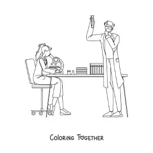 Coloring page of two scientists in a chemistry lab