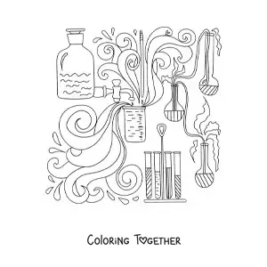 Coloring page of containers and flasks with chemicals reacting as they mix