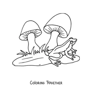 Coloring page of a frog next to two mushrooms