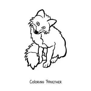 Coloring page of a wild fox sitting and facing forward with its head tilted to the right