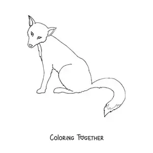 Coloring page of a wild fox sitting in profile with its head turned to the front