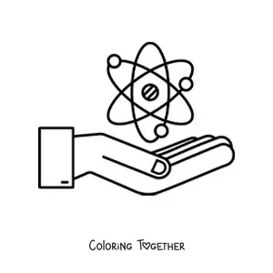 Coloring page of a hand with an atom representing nuclear physics