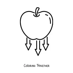 Coloring page of an apple falling representing gravity