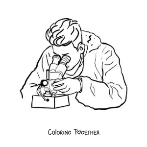 Coloring page of a scientist using a binocular microscope