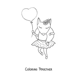 Coloring page of a cartoon fox in a dress holding a heart-shaped balloon