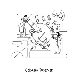 Coloring page of two scientists and a microscope