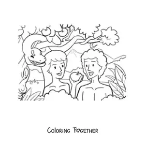 Coloring page of an apple as the forbidden fruit from Genesis, with Adam and Eve