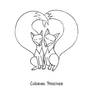 Coloring page of a pair of cartoon foxes joining their tails into a heart shape