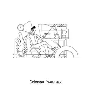 Coloring page of a man working at the computer