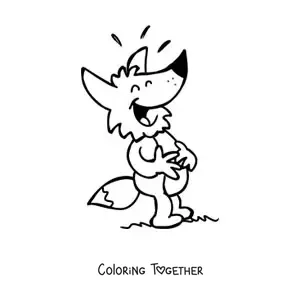 Coloring page of a cartoon fox holding its belly and laughing with its eyes closed
