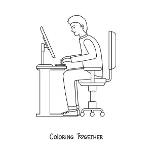 Coloring page of a man sitting at a desk with a modern computer