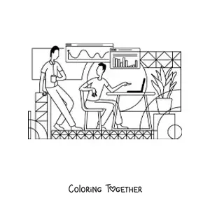 Coloring page of a man in an office with a laptop