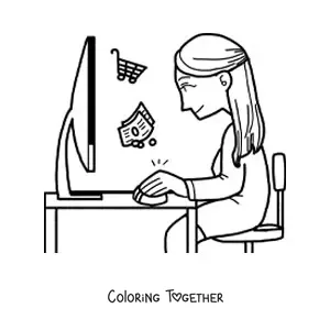 Coloring page of a woman shopping online on the computer