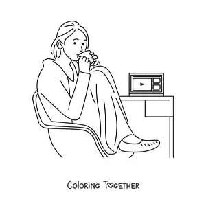 Coloring page of a woman sitting at a desk with a laptop