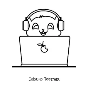 Coloring page of a kawaii cat with a laptop