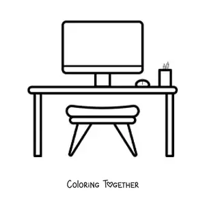 Coloring page of a desk with a computer