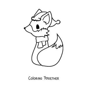 Coloring page of a cartoon fox sitting with its back turned, wearing a scarf and a Christmas hat