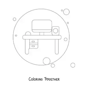 Coloring page of a personal desk with a computer