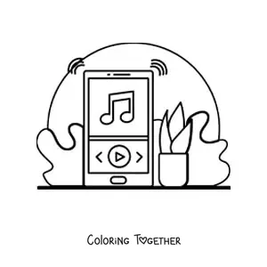 Coloring page of a cell phone playing music