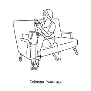 Coloring page of a woman sitting on the sofa using her phone