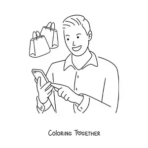 Coloring page of a man shopping online from his cell phone