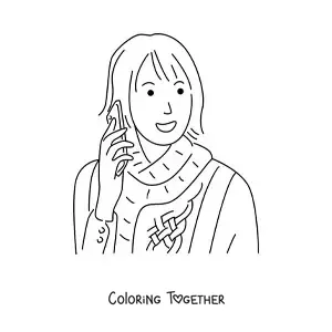 Coloring page of a girl talking on the phone