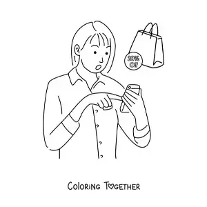 Coloring page of a woman shopping online from her mobile