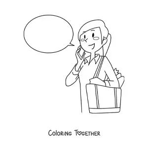 Coloring page of a woman talking on her mobile phone