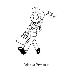 Coloring page of a man in a suit with a briefcase talking on an old telephone