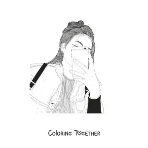 Coloring page of a girl taking a selfie with her cell phone