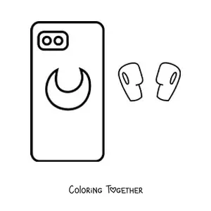 Coloring page of a phone with a moon drawing and wireless earbuds
