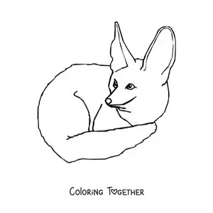Coloring page of a desert fox crouching